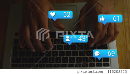 Image of notification icons with increasing number over caucasian hands using laptop 116208223