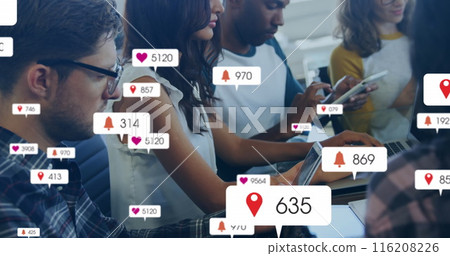 Image of changing numbers and icons in notification bars, diverse coworkers using technology 116208226