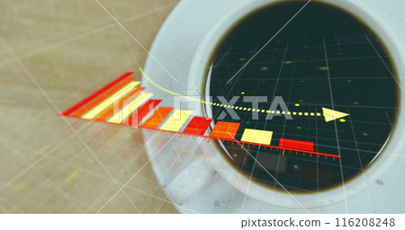 Image of arrow on reducing bar graphs, overhead view of coffee cup on wooden table 116208248