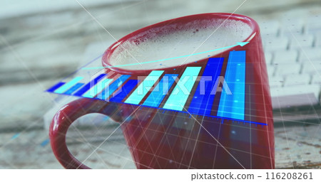 Image of arrow on growing bar graph over milk in cup and keyboard on wooden table Image of arrow on growing bar graph over milk in cup and keyboard on wooden table 116208261