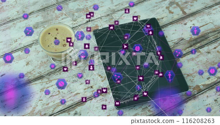 Image of icons and connected icons forming globe over coffee and digital tablet on table Image of icons and connected icons forming globe over coffee and digital tablet on table 116208263