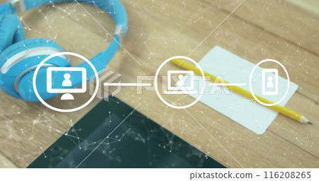 Image of flowchart of icons and connected dots over headphones, digital tablet, pencil and paper Image of flowchart of icons and connected dots over headphones, digital tablet, pencil and paper 116208265