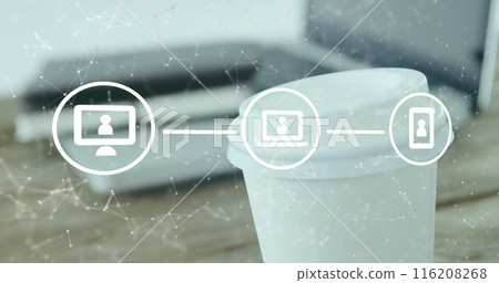 Image of flowchart of icons and connected dots over coffee cup and laptop on table Image of flowchart of icons and connected dots over coffee cup and laptop on table 116208268
