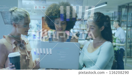 Image of graphs, radars and computer language, diverse female coworkers discussing on laptop Image of graphs, radars and computer language, diverse female coworkers discussing on laptop 116208290