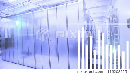 Image of bar graph and lens flares over data server room 116208325