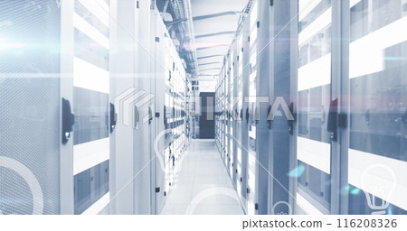 Image of light bulb icons over moving bars on data server racks in server room 116208326