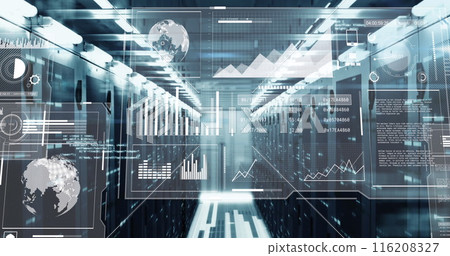Image of multiple graphs, globes, loading bars and circles over data server room 116208327