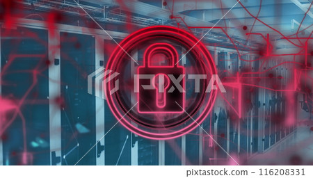 Image of padlock in circle, navigation pattern over connected dots on data server systems 116208331