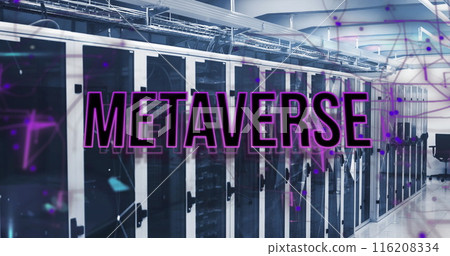 Image of metaverse text over connected dots on data server racks in server room 116208334