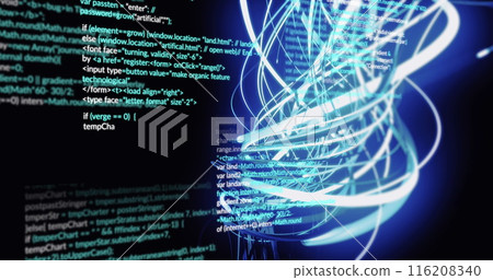 Image of spiral pattern and multicolored computer language over black background 116208340