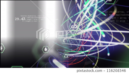 Image of spiral pattern and multiple icons with computer language over black background Image of spiral pattern and multiple icons with computer language over black background 116208346