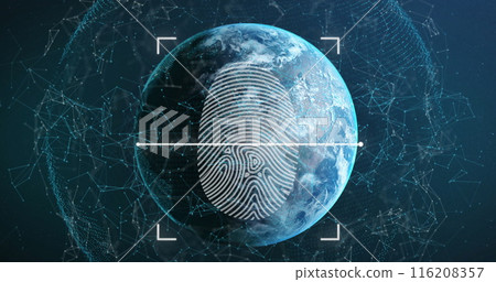 Image of scanning fingerprint in viewfinder over connected dots around globe 116208357