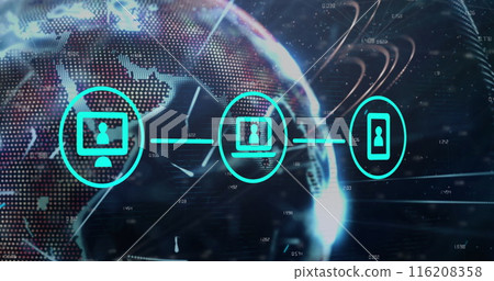 Image of flowchart of icons over changing numbers and lines on globe against abstract background 116208358
