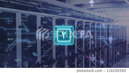 Image of key in square, connected arrows, circuit board pattern over data server racks Image of key in square, connected arrows, circuit board pattern over data server racks 116208360