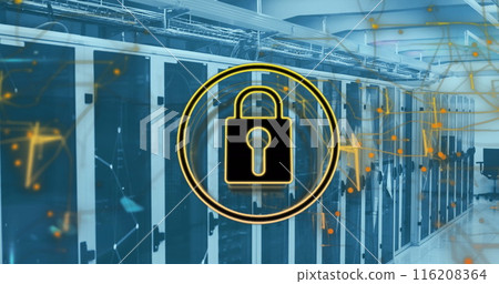Image of padlock in circle with navigation pattern over connected dots on server racks Image of padlock in circle with navigation pattern over connected dots on server racks 116208364