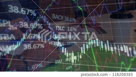 Image of multiple graphs and trading board, caucasian coworkers discussing on desk Image of multiple graphs and trading board, caucasian coworkers discussing on desk 116208383