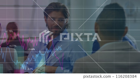 Image of multiple graphs and changing numbers, diverse coworkers discussing in office 116208384