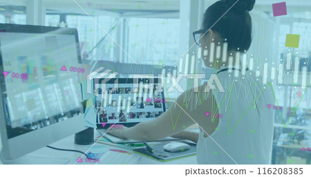 Image of graphs, changing numbers, asian woman working and looking at pictures on laptop Image of graphs, changing numbers, asian woman working and looking at pictures on laptop 116208385
