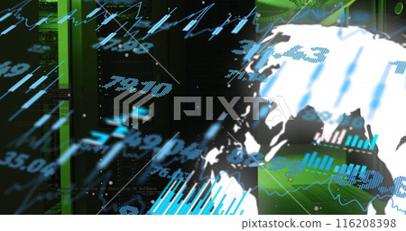 Image of multiple graphs, rotating globe and trading board over data server room Image of multiple graphs, rotating globe and trading board over data server room 116208398