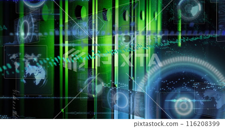 Image of graph, maps, globes, radar and computer language over data server racks Image of graph, maps, globes, radar and computer language over data server racks 116208399