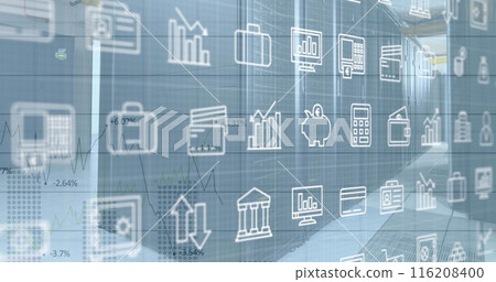 Image of multiple icons, graphs with changing numbers over data server racks Image of multiple icons, graphs with changing numbers over data server racks 116208400