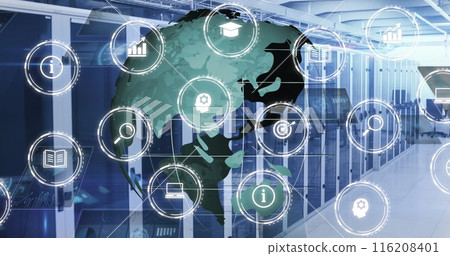 Image of icon in circles and rotating globe, graphs, radars over data server room Image of icon in circles and rotating globe, graphs, radars over data server room 116208401