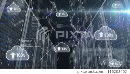 Image of arrow, numbers in cloud, connected dots and computer language over data server racks Image of arrow, numbers in cloud, connected dots and computer language over data server racks 116208402
