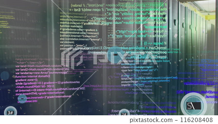 Image of 6g text in circles, computer language over data server room Image of 6g text in circles, computer language over data server room 116208408