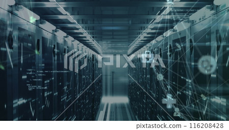 Image of spinning globe of medical icons, data processing and mosaic squares against server room 116208428