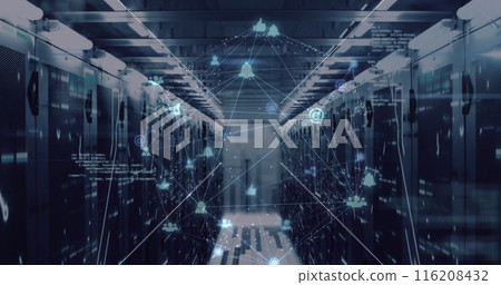 Image of spinning globe of digital icons, data processing and mosaic squares against server room 116208432