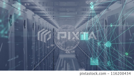 Image of network of digital icons, spinning globe and mosaic squares against server room Image of network of digital icons, spinning globe and mosaic squares against server room 116208434