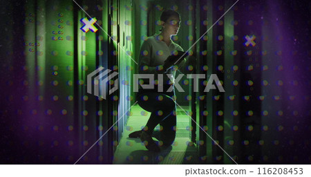 Image of abstract shapes against caucasian female engineer using digital tablet at server room 116208453