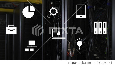 Image of multiple digital icons floating against close up of a computer server Image of multiple digital icons floating against close up of a computer server 116208471
