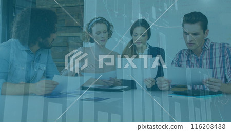 Image of data processing over caucasian woman giving documents to colleagues at office 116208488