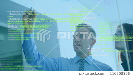 Image of data processing over diverse man and woman discussing over glassboard at office 116208596