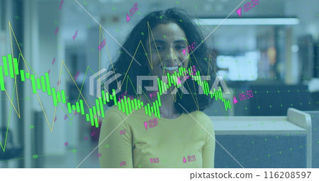 Image of data processing against portrait of african american woman smiling at office 116208597