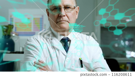 Image of medical data processing over caucasian senior male scientist smiling at laboratory 116208611