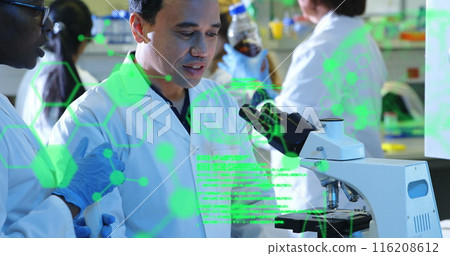 Image of medical data processing over diverse male and female scientists working at laboratory Image of medical data processing over diverse male and female scientists working at laboratory 116208612