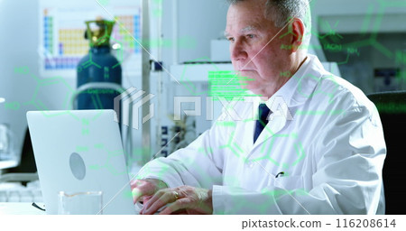 Image of medical data processing over caucasian senior male scientist using laptop at laboratory 116208614