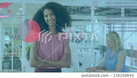 Image of statistical data processing against portrait of caucasian woman smiling at office 116208648