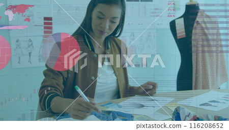 Image of statistical data processing against biracial female fashion designer working at studio 116208652