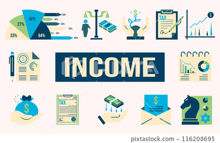 Income Solid icons set with Economics, Balance, Investment, Revenue and more. Vector illustration eps10 Income Solid icons set with Economics, Balance, Investment, Revenue and more. Vector illustration eps10 116208695