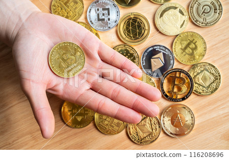 High angle view of person hand holding a bitcoin token with various kinds of cryptocurrency token coins in background. 116208696