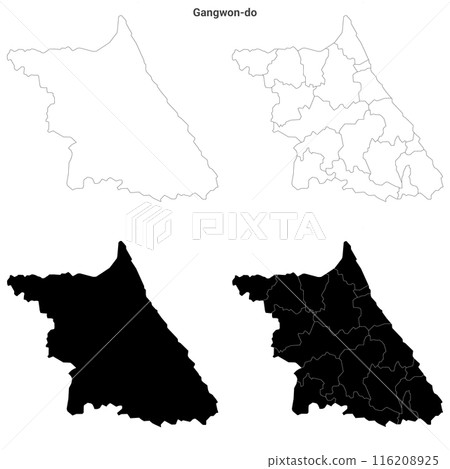 set of 4 political maps of gangwon province,  South Korea with regions isolated on white background. gangwon-do map with counties and cities 116208925