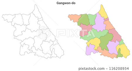 set of 2 political maps of gangwon province,  South Korea with regions isolated on white background. gangwon-do map with counties and cities 116208934
