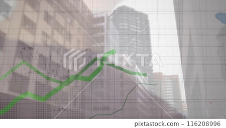 Image of green lines and financial data processing over city 116208996