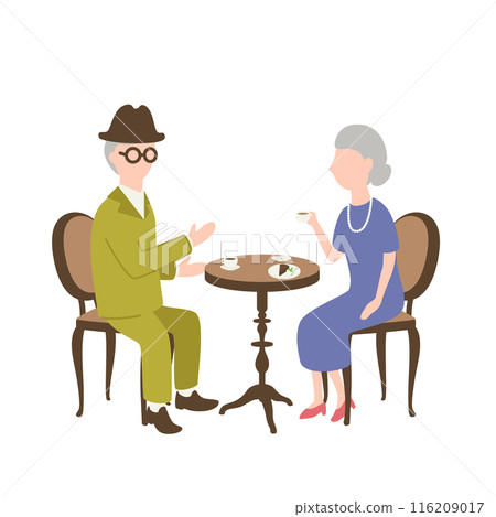 An illustration of an elderly couple enjoying coffee and cake at a cafe An illustration of an elderly couple enjoying coffee and cake at a cafe 116209017
