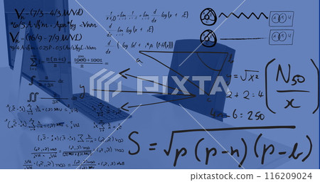 Image of financial data processing over desk with computer in office Image of financial data processing over desk with computer in office 116209024