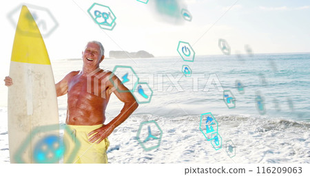 Image of icons, smiling senior caucasian male surfer with surfboard standing against sea 116209063