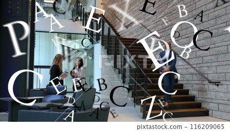 Image of letters and symbols diverse female coworkers discussing and man running down stairs Image of letters and symbols diverse female coworkers discussing and man running down stairs 116209065